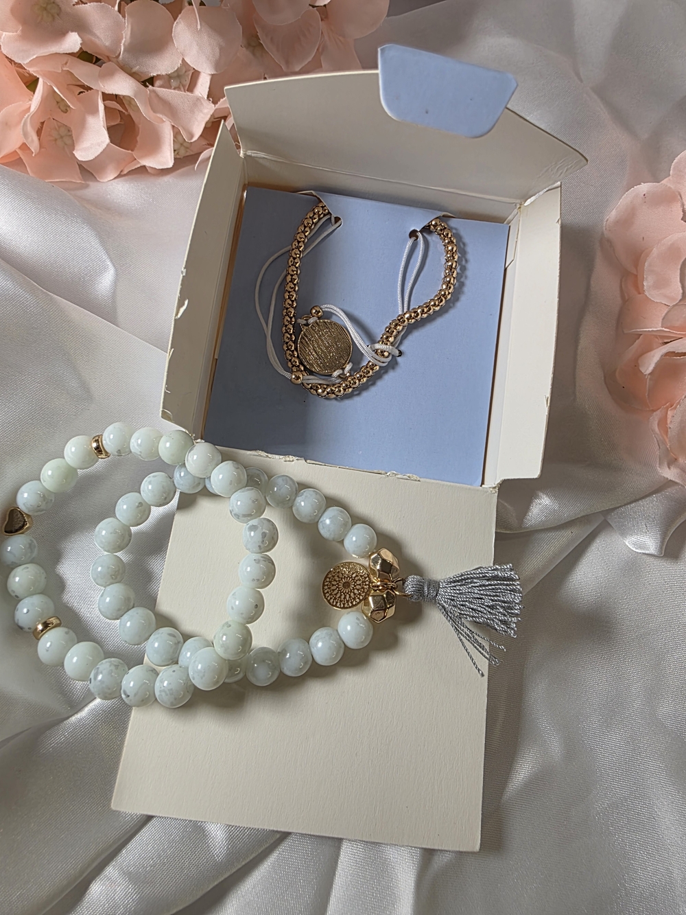 Amelia Rue - Blue Beaded Bracelet Stack with Gold Charm and Silver Tassel (4)